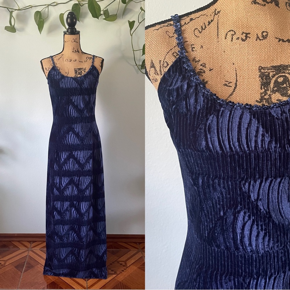 Vintage 90s Navy Crushed Velvet Maxi Dress By Scott McClintock Petites Size 10